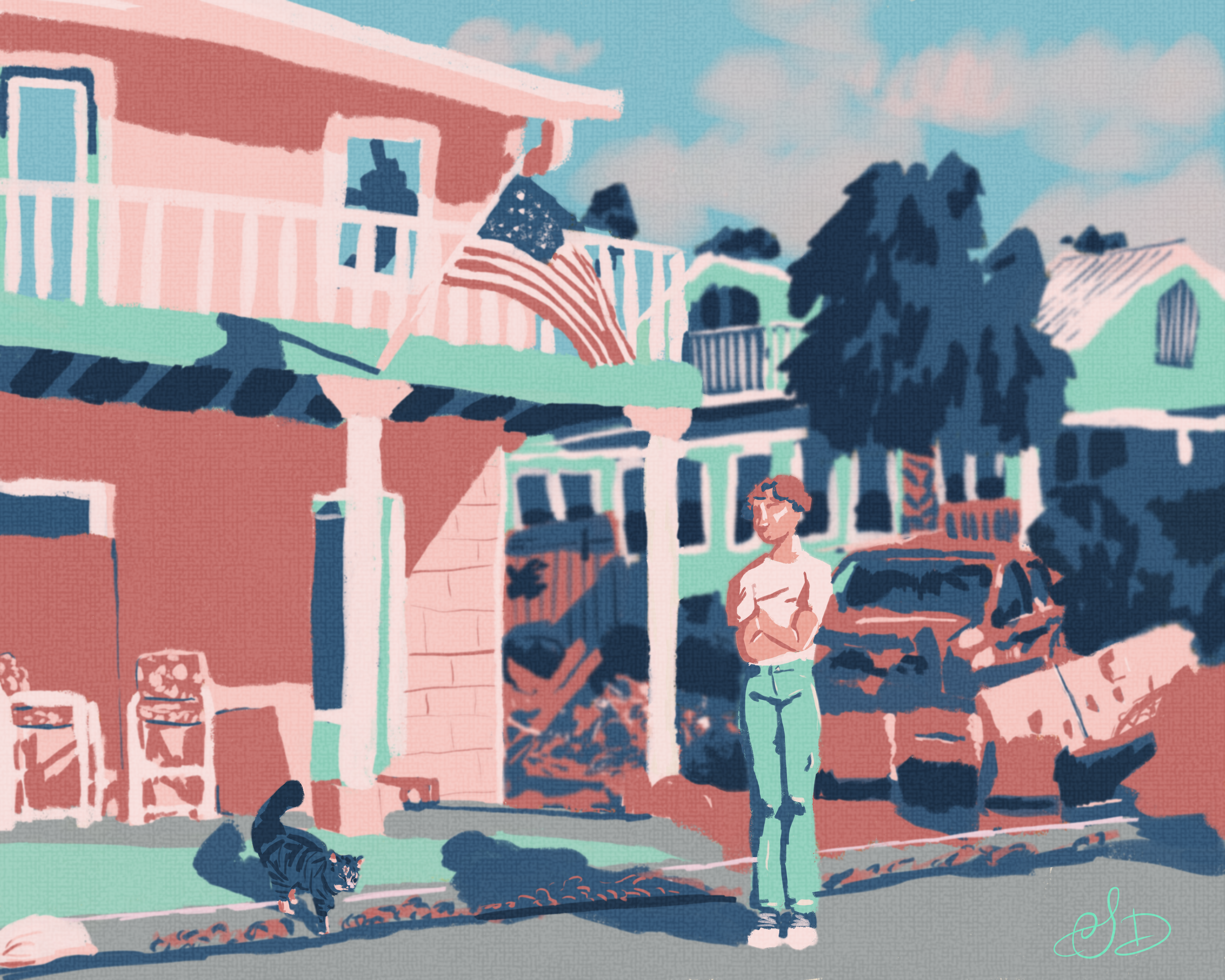 Digital painting of a person hugging themselves in front a pink house and a pile of debris