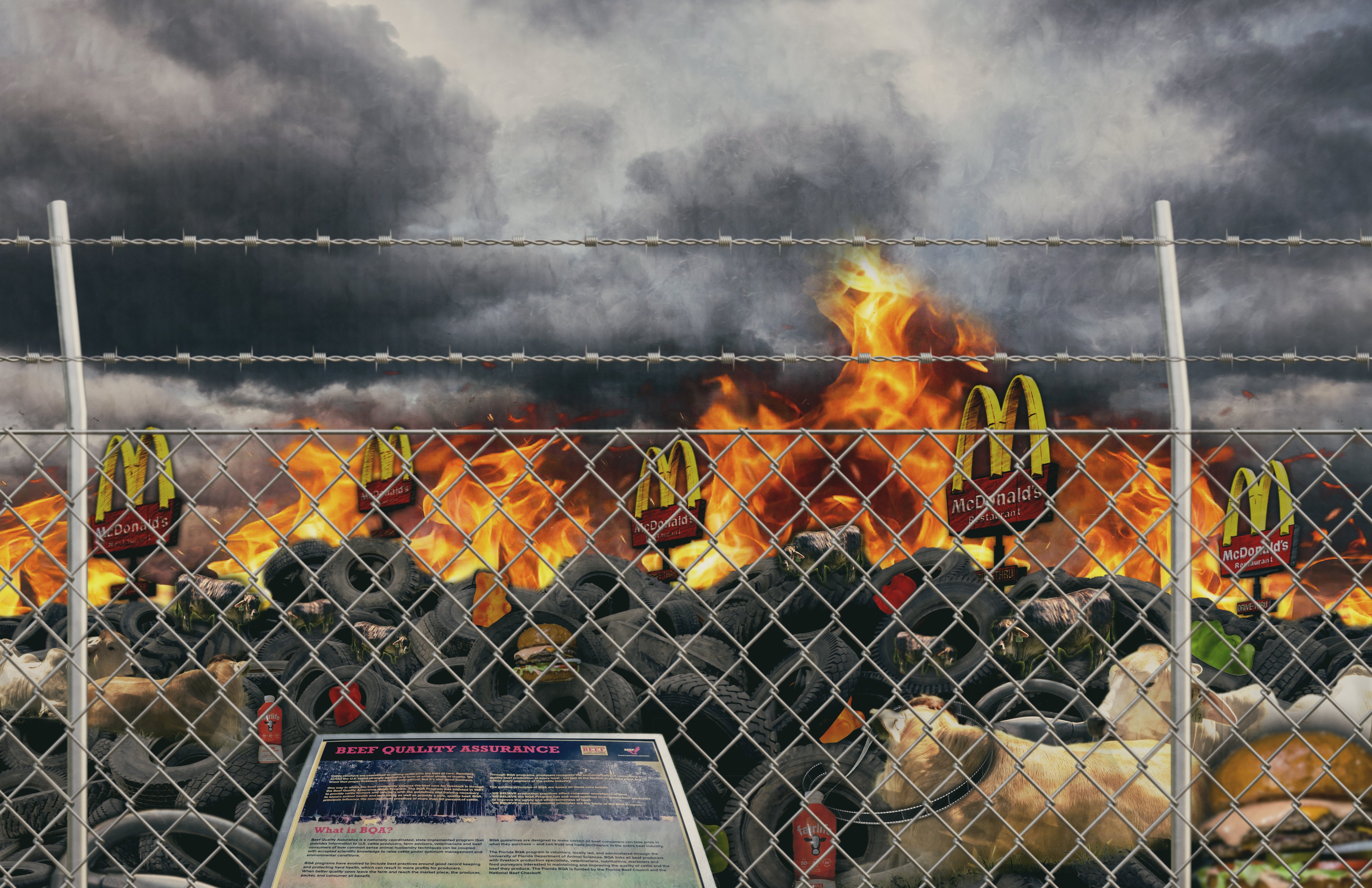 Composite image of cows and cow byproducts on a pile of burning tires